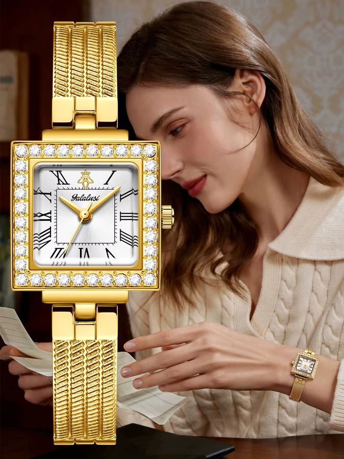 YaLaLuSi Armbanduhr, Quarz, Gold, Diamantbesetzt, Milanaise, Damen - Bild 5