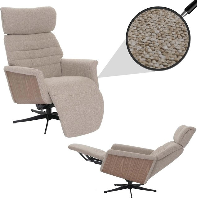 MCA Relaxsessel MCW-N56 als elektrischer Liegesessel mit Fußstütze, drehbar, Bouclé Stoff in Braun mit Holzgestell in Walnuss-Optik - Bild 1