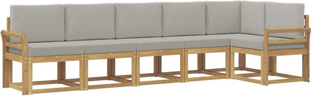 vidaXL Outdoor-Sofagarnitur 6-teilig in L-Form aus massivem Akazienholz mit Kissen in Weiß-Hellgrau - Bild 1