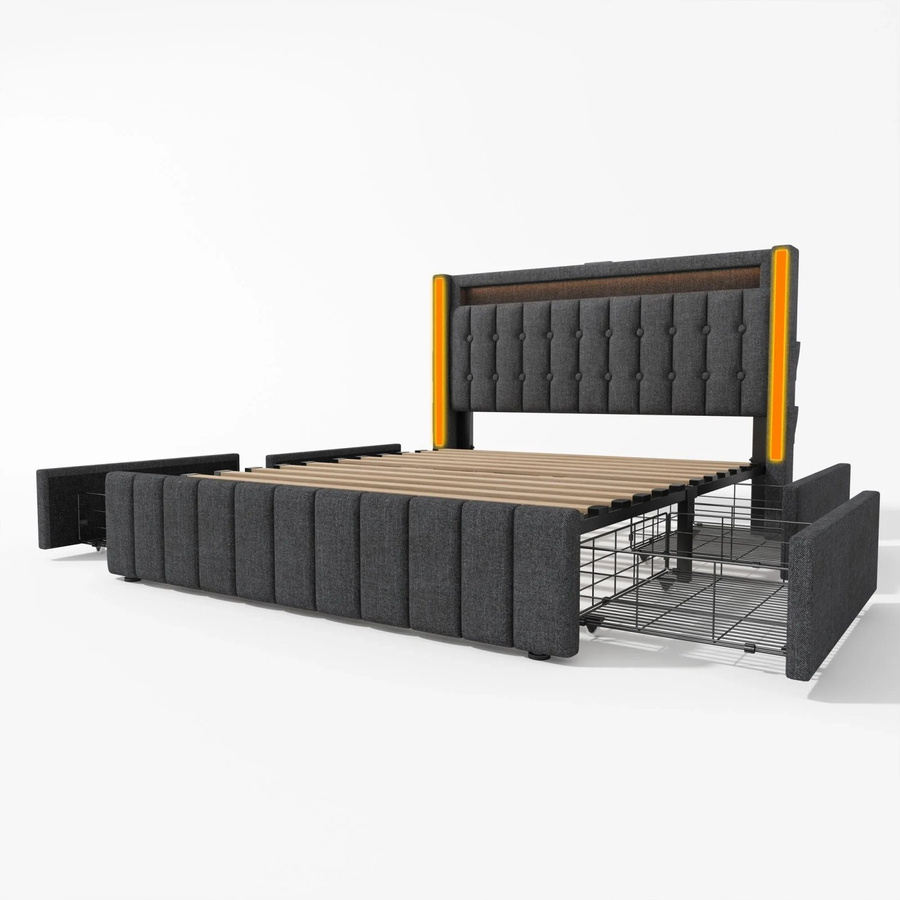okwish Jugendbett Grau mit USB-Anschluss, LED-Beleuchtung und Schubladen, gepolstert, B/T/H: 140 x 200 x 104 cm - Bild 2