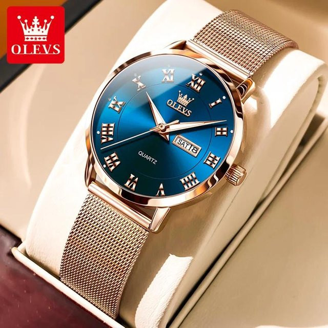 OLEVS Armbanduhr, Quarz, Edelstahl, Milanaise, Blau, Roségold, Damen - Bild 1