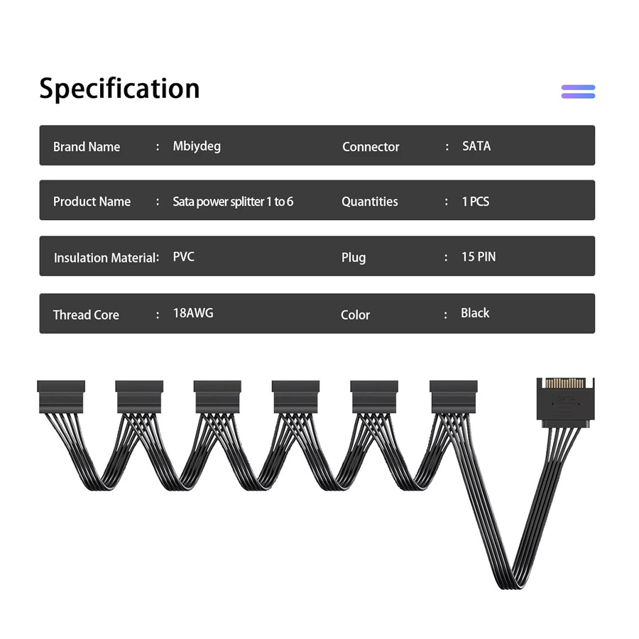 JoniSerl SATA-Stromverteilerkabel 6-fach, 15-Pin auf 6 Anschlüsse für HDD, SSD und optische Laufwerke, Schwarz - Bild 6