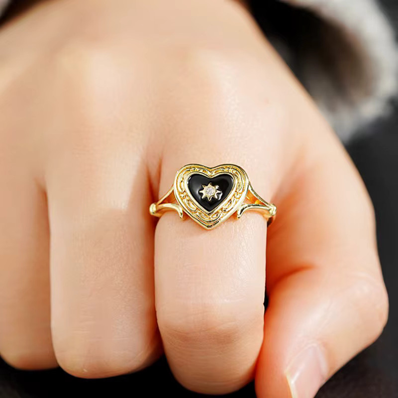 Huitan Ringe, Schwarze Herz-Emaille, Sonnen-Design, Damen - Bild 2
