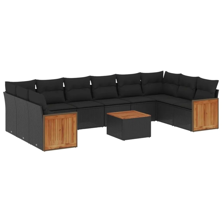 vidaXL 11-teilige Garten-Sofagarnitur in L-Form aus Poly-Rattan und Akazienholz mit Kissen in Schwarz - Bild 2