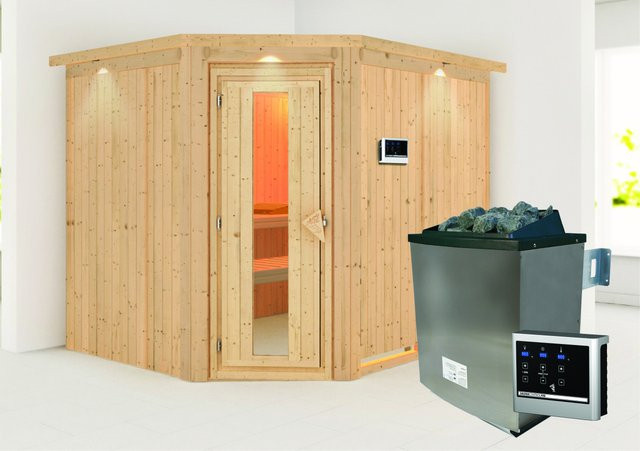 Karibu Sauna MALIN mit 9.0 kW Ofen, externem Steuergerät und LED-Dachkranz, Farbe: Natur/Braun/Weiss, B/T/H: 231 x 210 x 196 cm - Bild 1