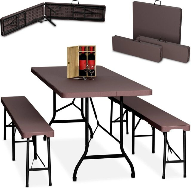 Relaxdays Bierzeltgarnitur aus Kunststoff und Stahl in Braun, 3-teilig und klappbar, Tisch B: 180 cm, T: 73 cm, H: 74 cm sowie Bank B: 180 cm, T: 43 cm, H: 25 cm - Bild 1
