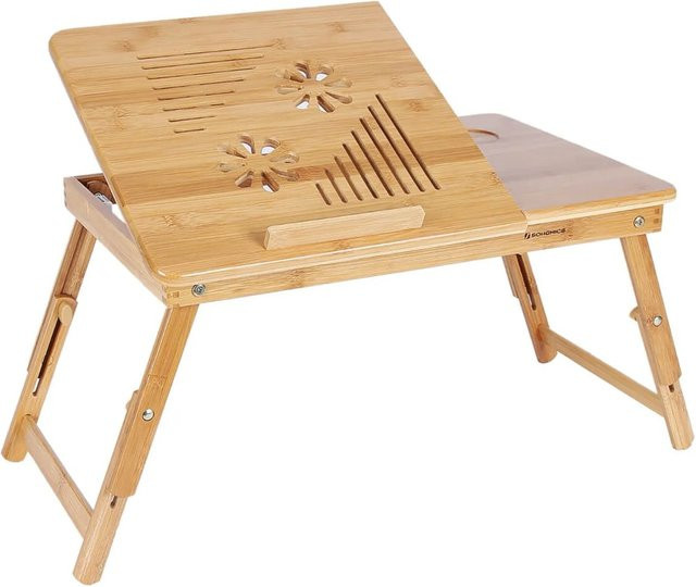 Songmics Laptoptisch aus Bambus mit höhenverstellbarer und neigbarer Platte, Beige/Braun, B: 55 cm, T: 35 cm, H: 29 cm - Bild 1