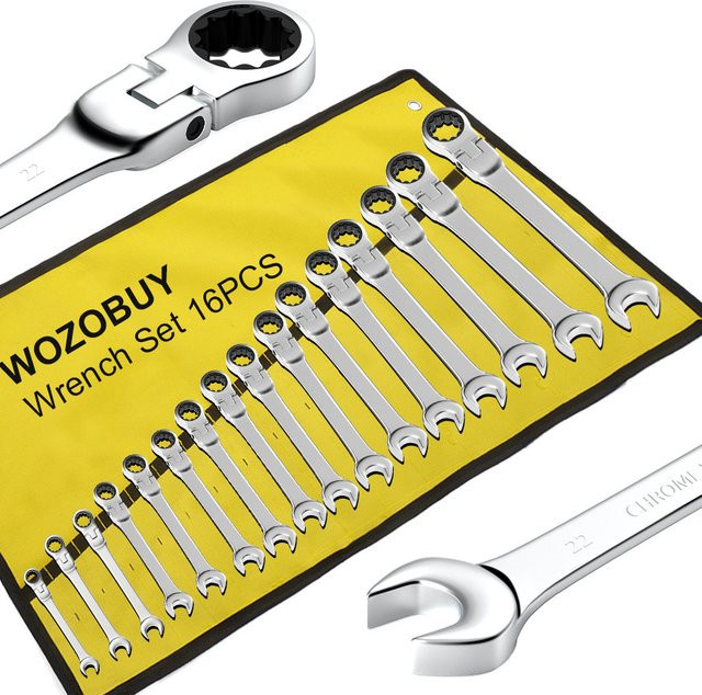 WOZOBUY Ratschenschlüssel-Set mit flexiblem Kopf aus Chrome Vanadium, 6–23 mm metrisch, Farbe: Silber - Bild 1