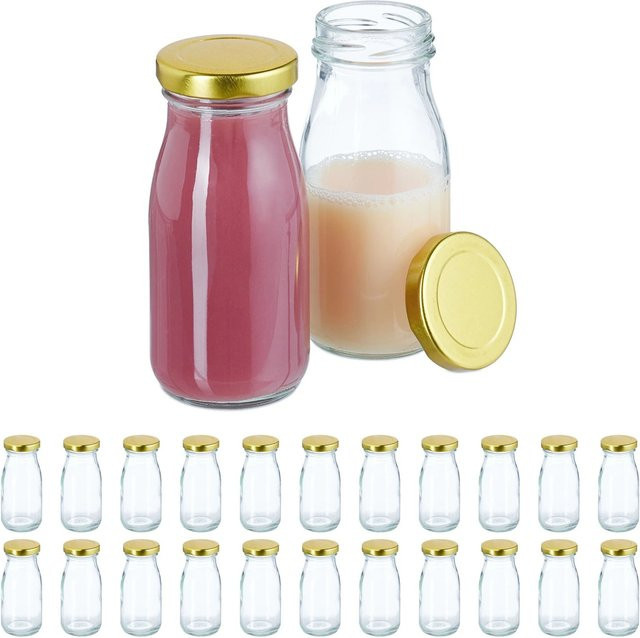 Relaxdays Glasflaschen Set, Transparent und Gold, Luftdicht, 24er Set, Höhe: 12 cm, Durchmesser: 5,5 cm - Bild 1
