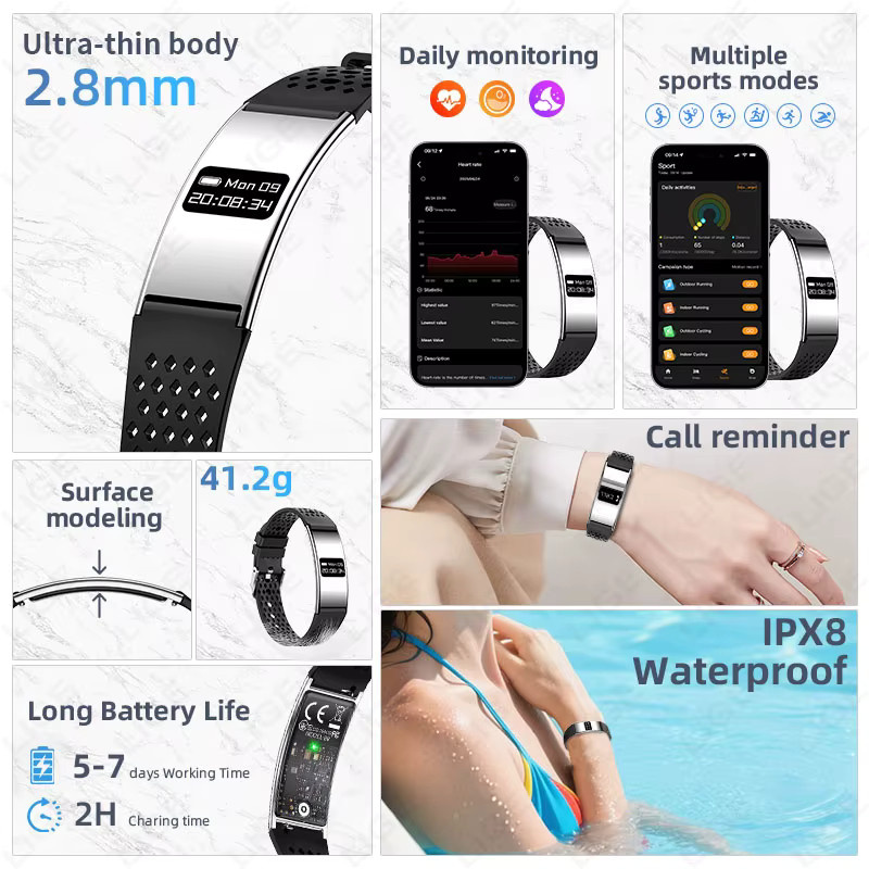 LIGE Smartwatch Fitness-Tracker mit Herzfrequenz- und Stressmonitor, wasserdichtes Smart-Armband mit Anruferinnerung und 2 Armbändern, Farbe: Schwarz - Bild 6