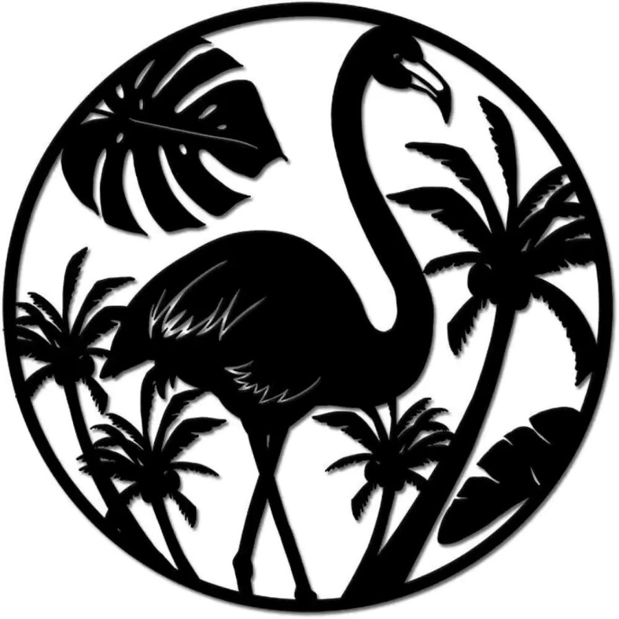 CIFBUY Vintage Wandkunst aus Metall mit Flamingo- und Palmen-Motiv, rundes Metallschild in Schwarz für tropische Dekoration - Bild 3