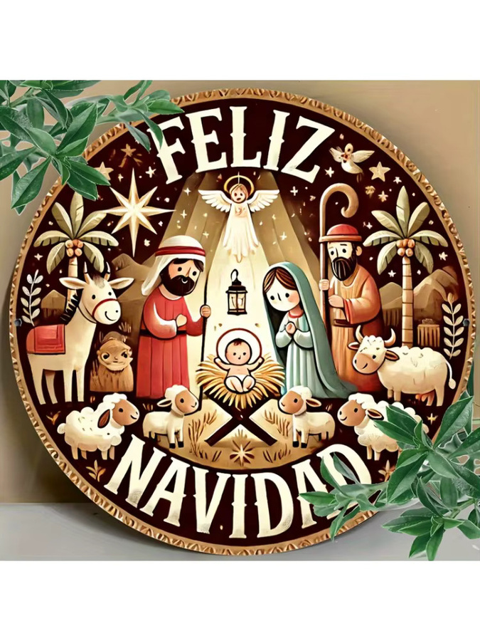 Potdemiel Feliz Navidad Weihnachts-Metallwandkunstschild aus Aluminium, rund, Mehrfarbig, Durchmesser: 20,3 cm - Bild 5