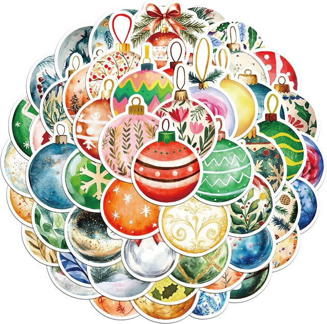 PickJoy Weihnachten Ball Aufkleber Set, 56 Stück, wasserdichte Sticker in Multicolour für Laptop, Telefonhüllen und Trinkflaschen - Bild 1