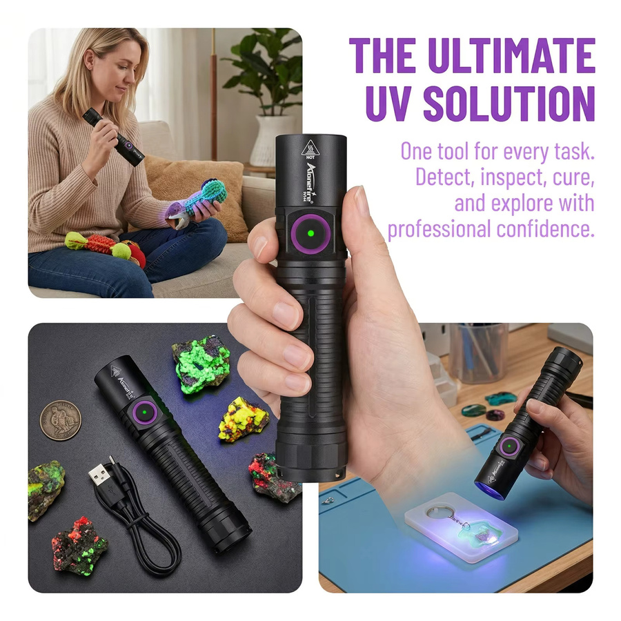 Alonefire 5W UV-LED Schwarzlicht-Taschenlampe 365nm in Schwarz, USB-wiederaufladbar zur Detektion von Haustierflecken, Tinea, Geldscheinen und Skorpionen - Bild 4