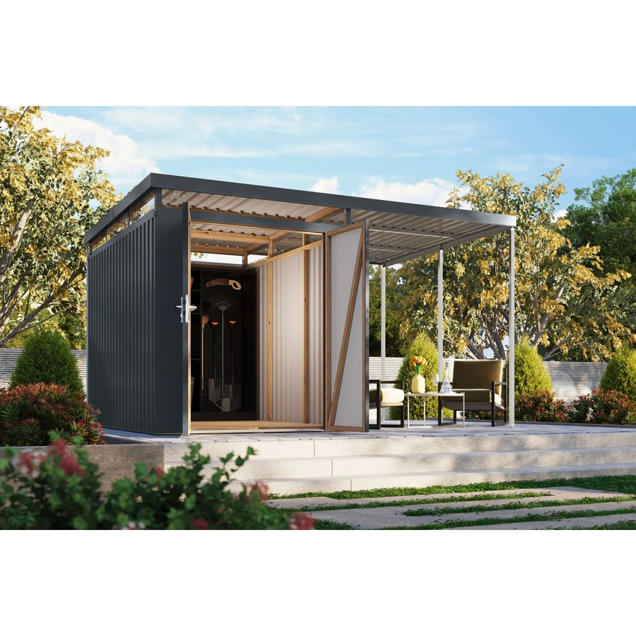 Karibu Metallgerätehaus Argos 2,5 mit Anbaudach in Graualuminium - Bild 2