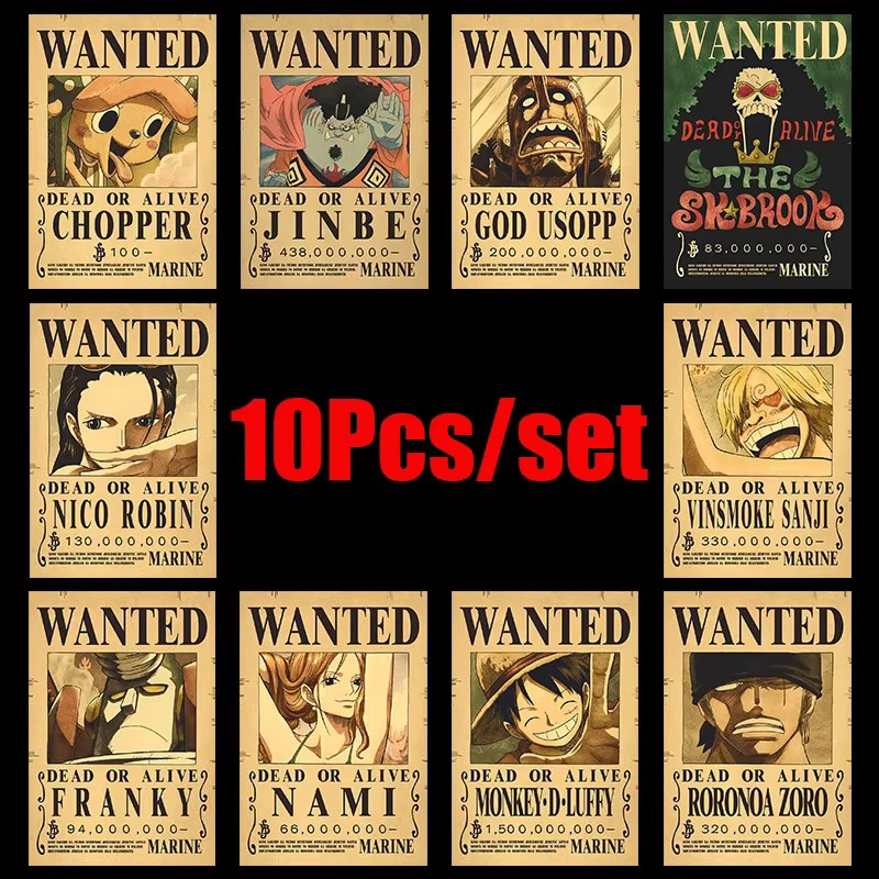 10er Set One Piece Anime Wanted Vintage Poster von Bandai zur Wanddekoration in Mehrfarbig - Bild 2