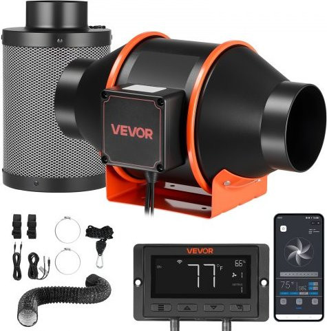 VEVOR Inline-Rohrlüfter Set mit Kohlefilter, 101,6 mm Kanalventilator mit EC-Motor, 349 m³/h Abluftventilator mit App-Steuerung, PWM-Regler, 10 Stufen und Timer für Gewächshaus und Keller - Bild 1