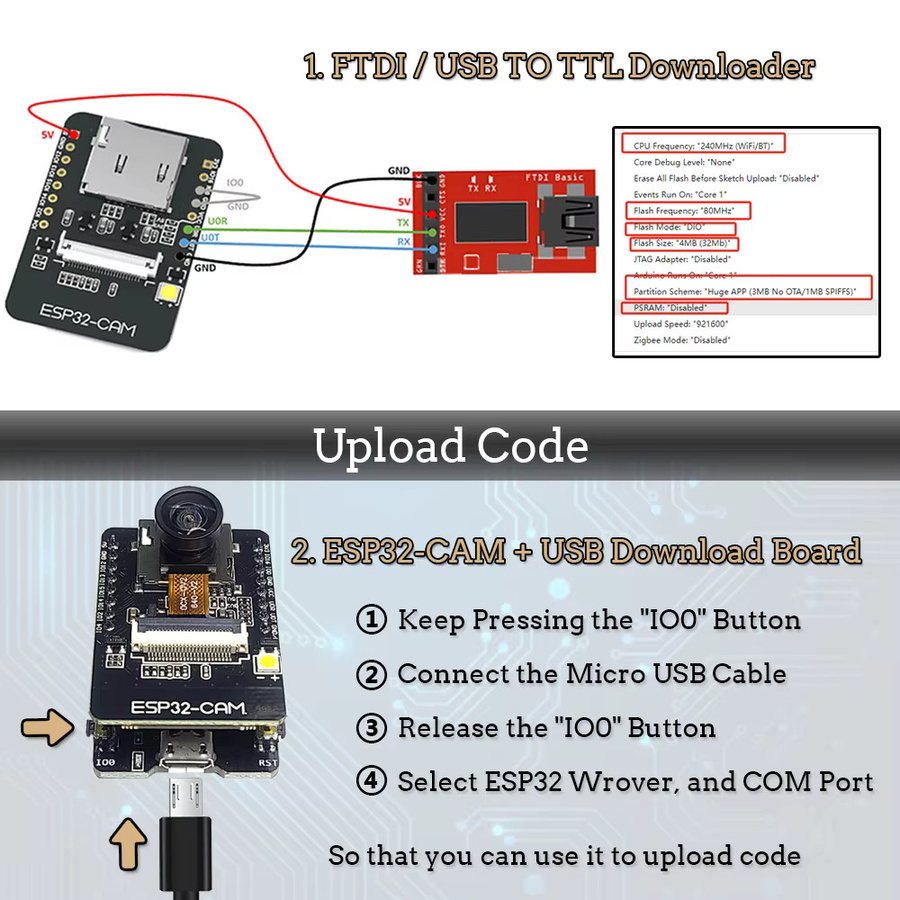 ESP32-CAM Entwicklung Board mit 2,4G Wifi und Bluetooth, Kamera Modul mit 4 MB PSRAM, Schwarz - Bild 5