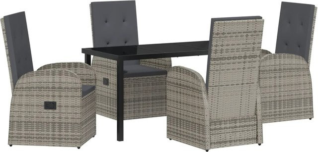 vidaXL Garten Essgruppe aus Poly-Rattan mit Glasplatte und Kissen, 5-teilig, Grau - Bild 1