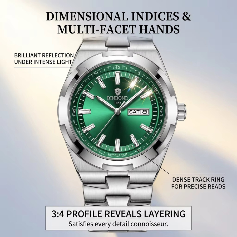 BINBOND Armbanduhr Quarz, Edelstahl, Grün, Silber, Herren - Bild 5