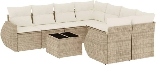 vidaXL 9-tlg. Garten-Sofagarnitur in L-Form aus Poly-Rattan mit Kissen in Beige-Creme - Bild 1
