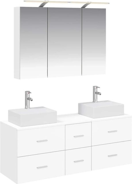 vidaXL Badezimmermöbel-Set 4-teilig in Weiß mit Waschtischunterschrank, Spiegelschrank und Wandschrank aus Holz und Glas mit LED-Beleuchtung - Bild 1
