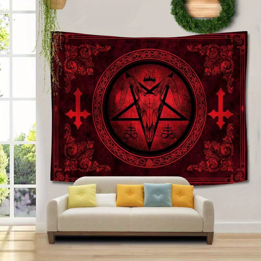 VIKAMA Halloween Wandteppich Dunkle Nacht Ritual mit Ziegenkopf in Rot, B/H: 60 x 40 cm - Bild 2