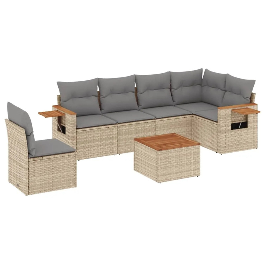 vidaXL 7-teilige Garten-Sofagarnitur aus Poly-Rattan und Akazienholz in Beige mit Kissen - Bild 2