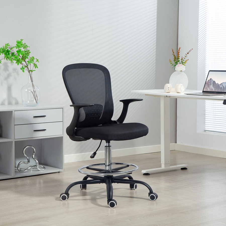 HOMCOM Bürostuhl Schwarz mit verstellbarem Fußring, Lendenwirbelstütze und hochklappbaren Armlehnen, Drehstuhl aus Netzstoff für Home Office und Zeichenarbeiten, Marke Aosom - Bild 2