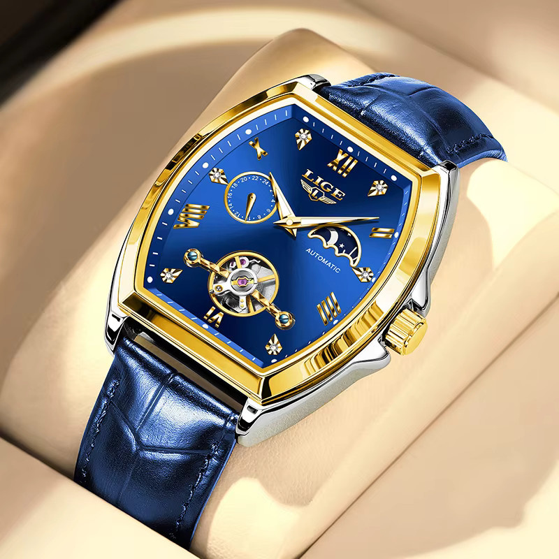 LIGE Armbanduhr Automatik, Tonneau, Gold, Leder, Herren - Bild 4