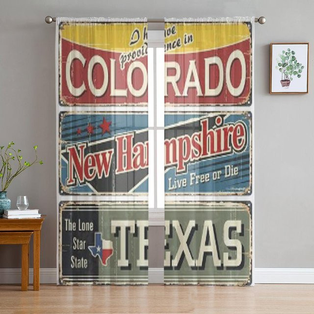 Super Six Transparentes Tüll-Fenster Vorhang mit Vintage Blechschild-Motiv, Grau/Mehrfarbig, B: 135 cm, H: 114 cm - Bild 1