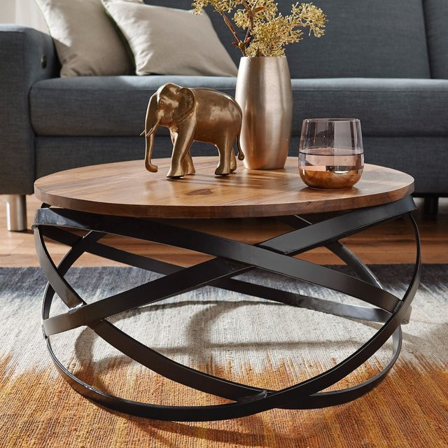 FineBuy Couchtisch MANUR aus Sheesham Massivholz und Metall in Braun, rund, Durchmesser: 60 cm, Höhe: 30 cm - Bild 1