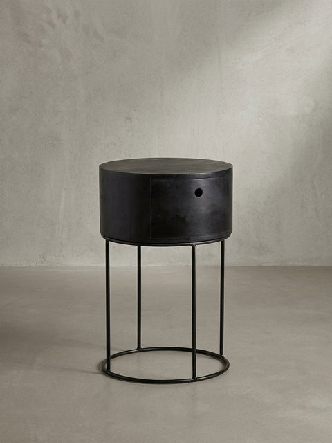 Nachtkonsole Kadima Design aus Mango Massivholz mit Schublade rund in Schwarz - Bild 1