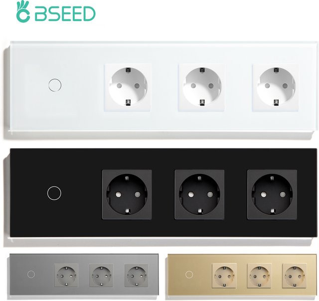 BSEED Glas-Touch-Schalter Kombination mit dreifacher Wandsteckdose, EU-Standard, LED-Hintergrundbeleuchtung in Blau, Weiß - Bild 1