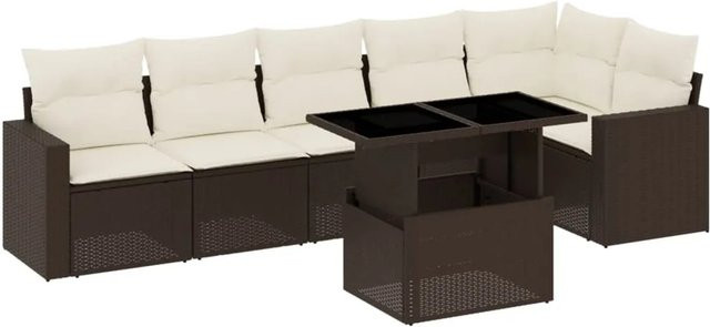 vidaXL 7-tlg. Garten-Sofagarnitur in L-Form aus braunem PE-Rattan mit cremeweißen Kissen und pulverbeschichtetem Stahlgestell - Bild 1