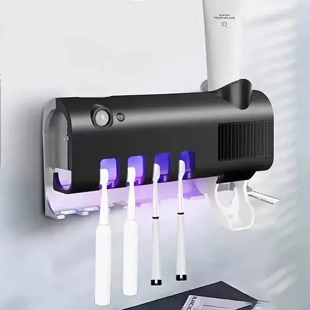 XMSJ Automatischer Zahnbürstenhalter mit Solar UV-Licht und Zahnpastahalter zur Sterilisation, Wandmontage, Schwarz - Bild 1