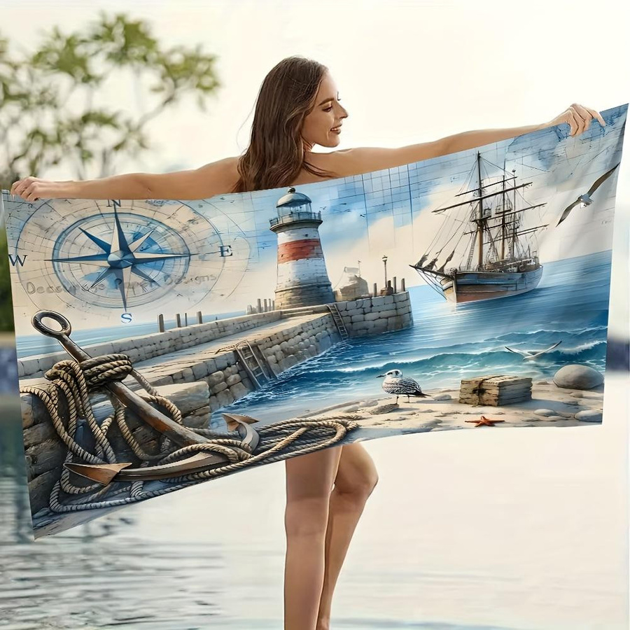 Ka Chen Muxi Sportliches Strandtuch mit Küstenlandschaft Leuchtturm & Möwe Aufdruck, Weiß/Mehrfarbig, B: 30 cm, H: 60 cm - Bild 5