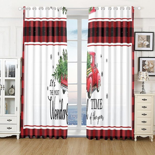 2er-Set Weihnachts Vorhänge mit Cartoon-Motiv und Schneeflocken, Rot, B: 50 cm, H: 130 cm - Bild 1