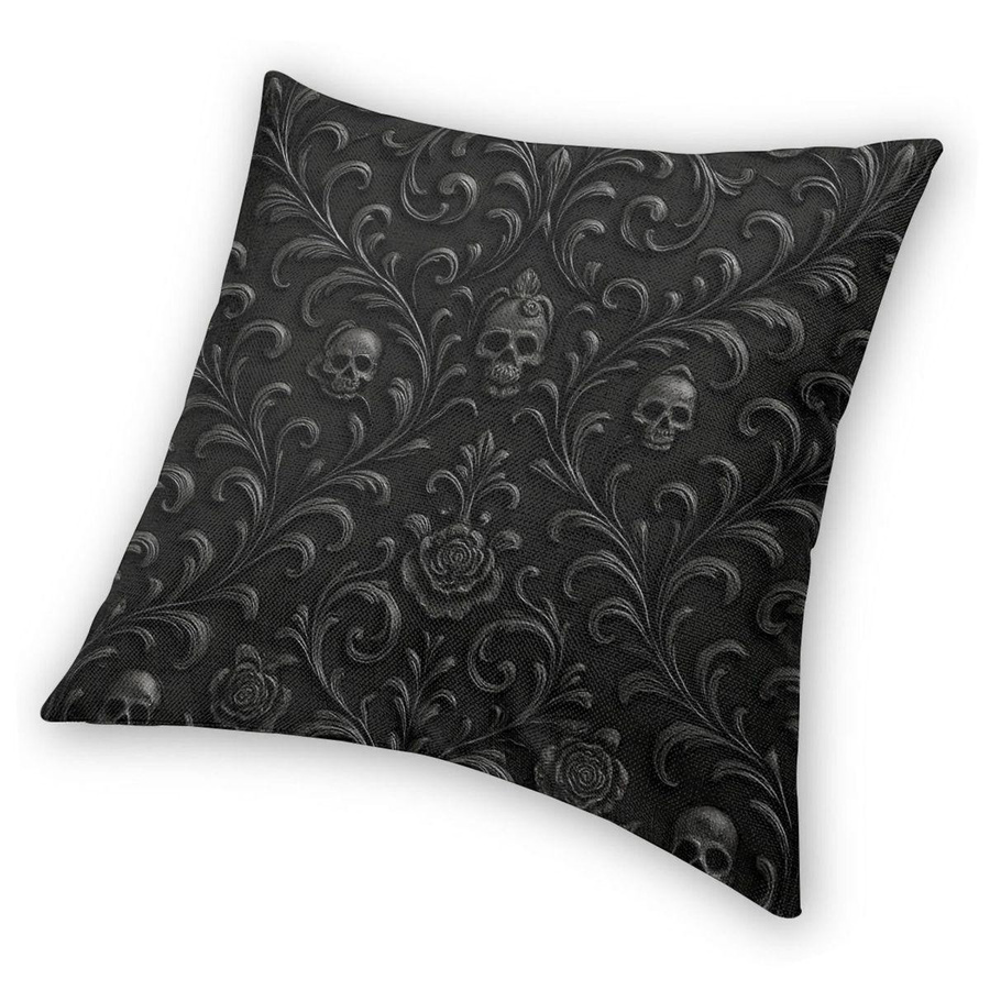 Dekorative quadratische Kissenhülle Gotische Schädel & Rosen in Schwarz aus Polyester-Leinen-Samt mit Reißverschluss, B/T/H: 45 x 45 x 45 cm - Bild 4