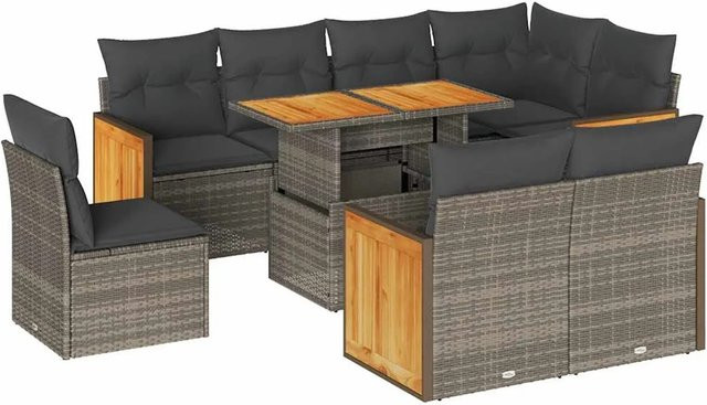 vidaXL 9-teilige Garten-Sofagarnitur aus Poly-Rattan und Akazienholz in Grau mit Kissen - Bild 1