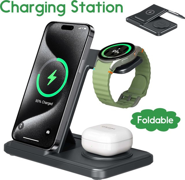 Samsung 3-in-1 Drahtlose Desktop-Ladestation für Galaxy S25 S24 S23 S22, Galaxy Watch und Buds in Schwarz - Bild 1