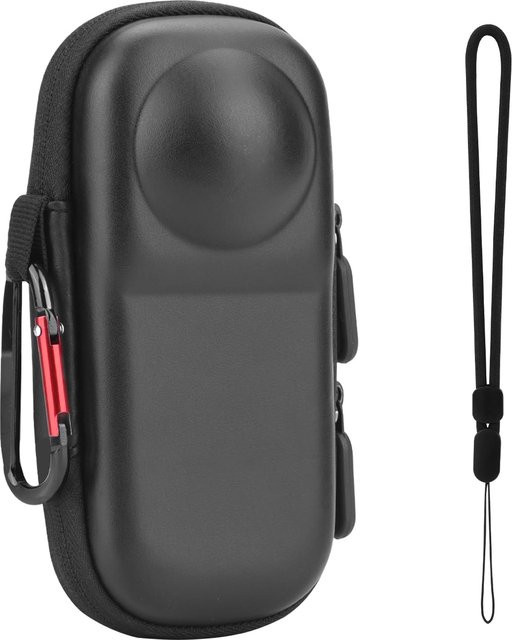Tragbare Hartschalen-Schutzhülle für Insta 360 x 4 und x 5 in Schwarz mit Handschlaufe und Karabiner - Bild 1
