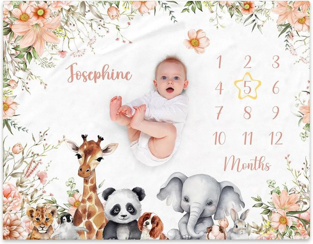 VIKAMA Baby Meilenstein-Decke mit Cartoon-Tierdruck zur Dokumentation des Wachstums, Mehrfarbig - Bild 1