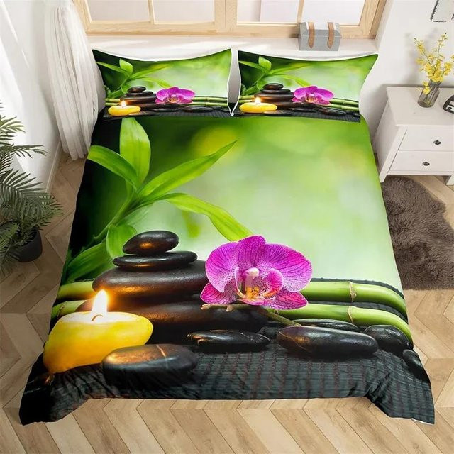 Zen Steine Bettwäsche Set mit Bambus Phalaenopsis Design, Mikrofaser Bettbezug und Tagesdecke, B/B/H: 135 x 200 cm - Bild 1