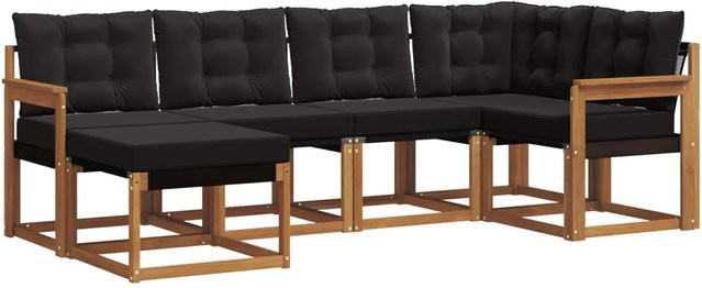 vidaXL Outdoor-Sofagarnitur 6-teilig L-Form aus Akazienholz und Textilene in Schwarz und Natur mit Kissen und Armlehnen - Bild 1