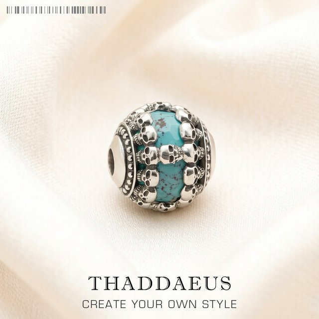 Thaddaeus Charms, Totenköpfe, Perle, blauer Stein, 925 Silber, Unisex - Bild 1