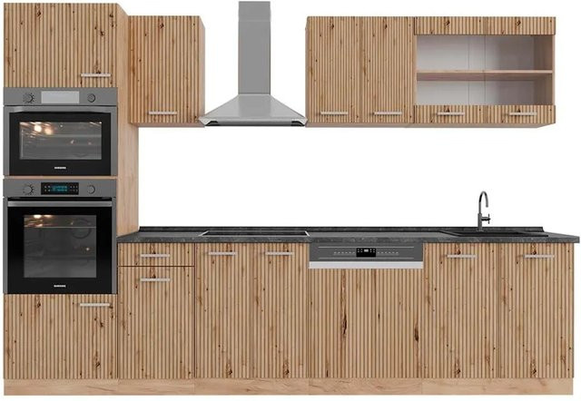 Vicco R-Line Küchenzeile Artisan-Eiche und Goldkraft Eiche mit Hochschrank in Anthrazit, Breite: 300 cm, Höhe: 207 cm, Tiefe: 60 cm - Bild 1