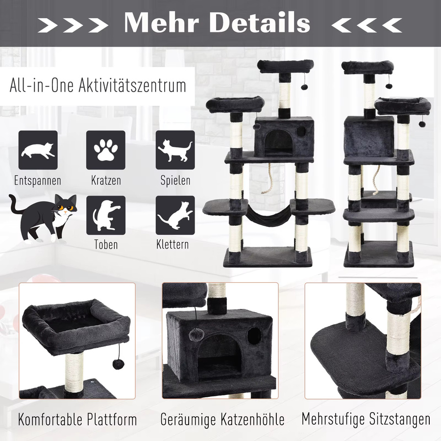 PawHut Katzenbaum Dunkelgrau mit Katzenhaus, Hängematte, Sisalsäulen und Spielzeug, H x B x T: 144 x 60 x 48 cm - Bild 5