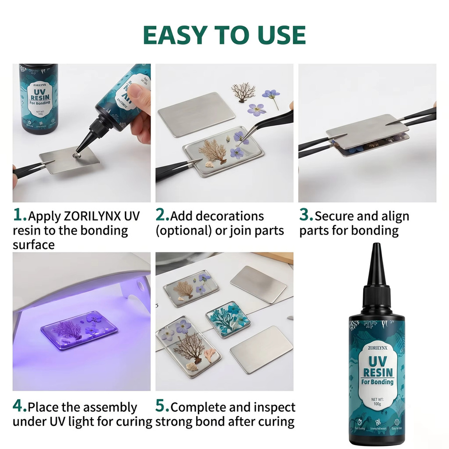 ZORILYNX UV-Harz-Set transparent, schnell härtender Ultraviolett-Kleber für DIY Schmuckherstellung und Kunsthandwerk, 100 g - Bild 3