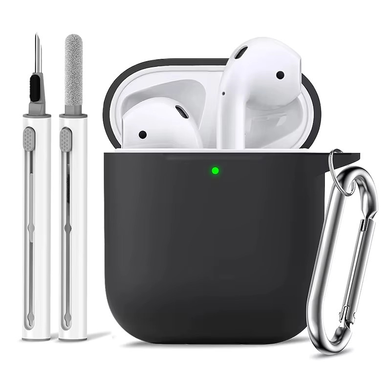 Stoßfeste Silikonhülle für Apple AirPods 1 und 2 in Schwarz inklusive Haken und Reinigungsset - Bild 2